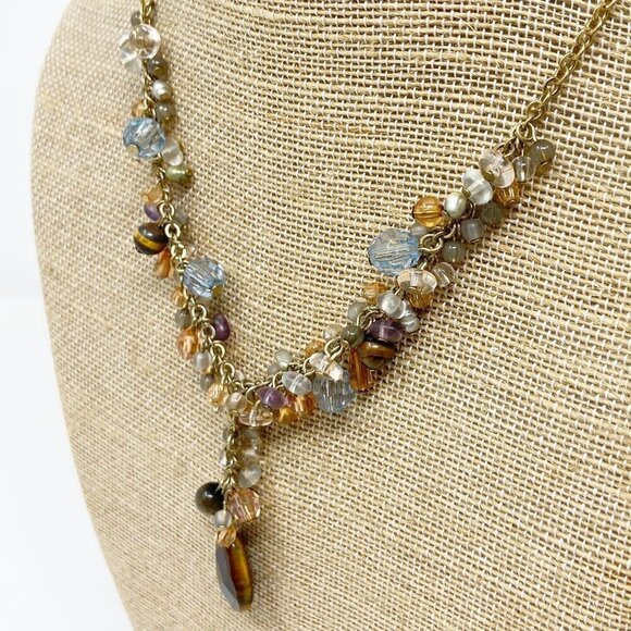 Neutrals & Brown Beaded clusters w/Center Dangle Pendant on gold tone chain - Picture 4 of 6